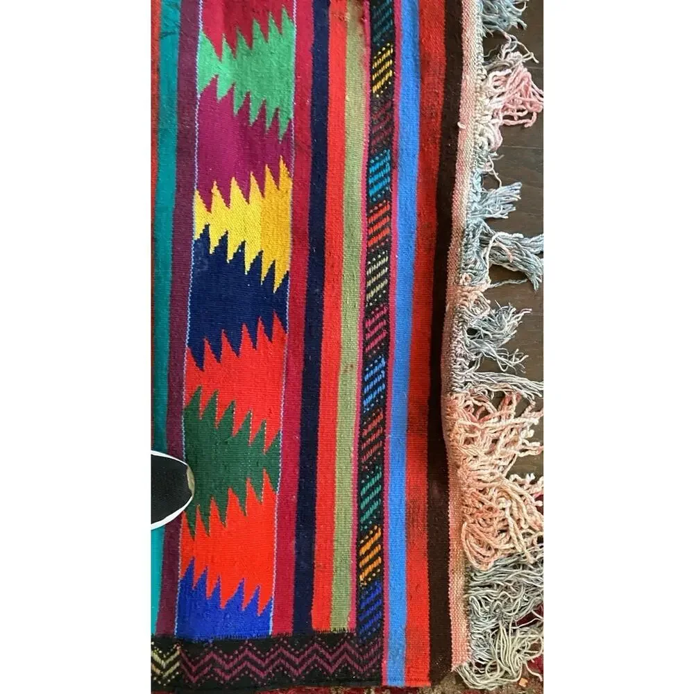 Vintage Turkish Kilim Rug 35x49 Wool Hand Woven Tribal Boho Accent Rug Striped